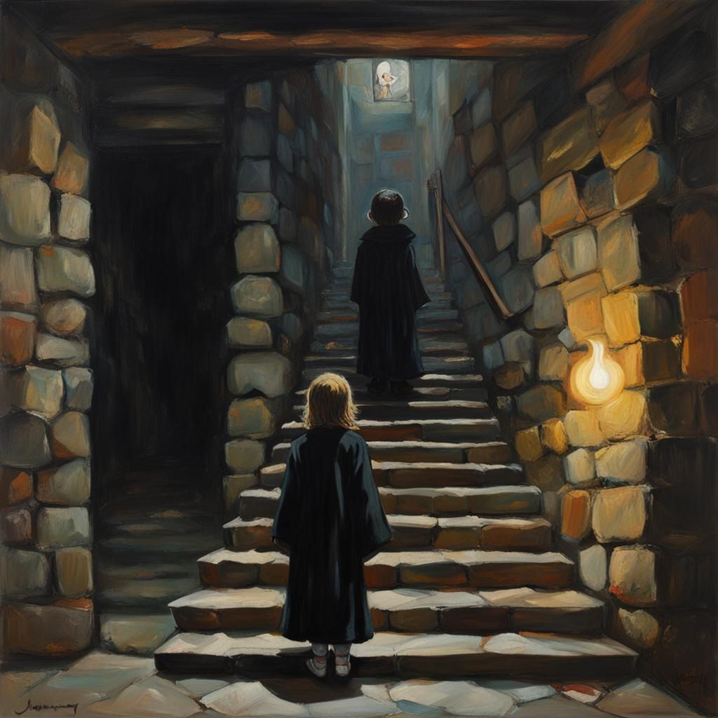Creepy Stone Stairwell with Girl in Black Robes