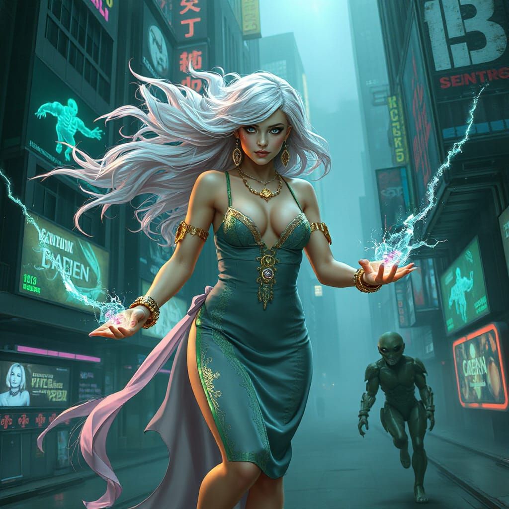 Cyberpunk Sorceress Levitates in Futuristic City with Spellc...