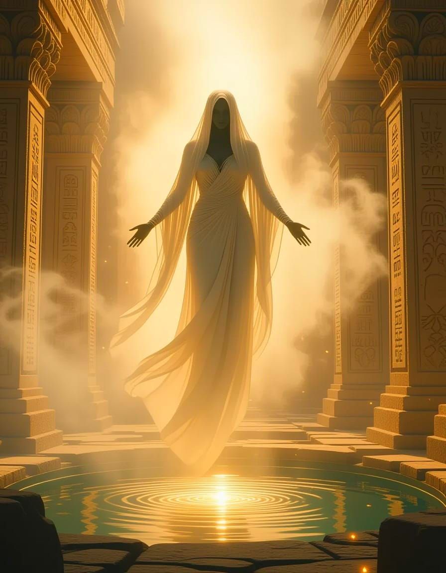 Immortal Entity Hovering Over Sacred Pool in Ancient Ruins