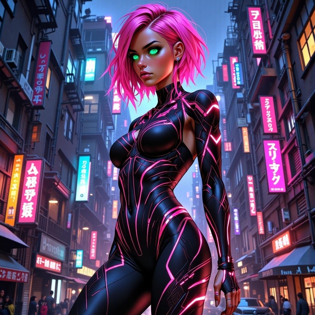 Neon-Lit Woman in Futuristic Cityscape