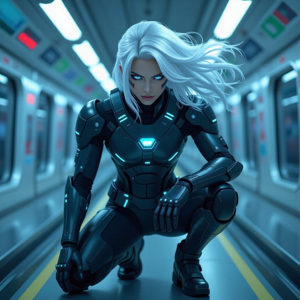 Cyborg Ninja on Maglev Train in Anime Style