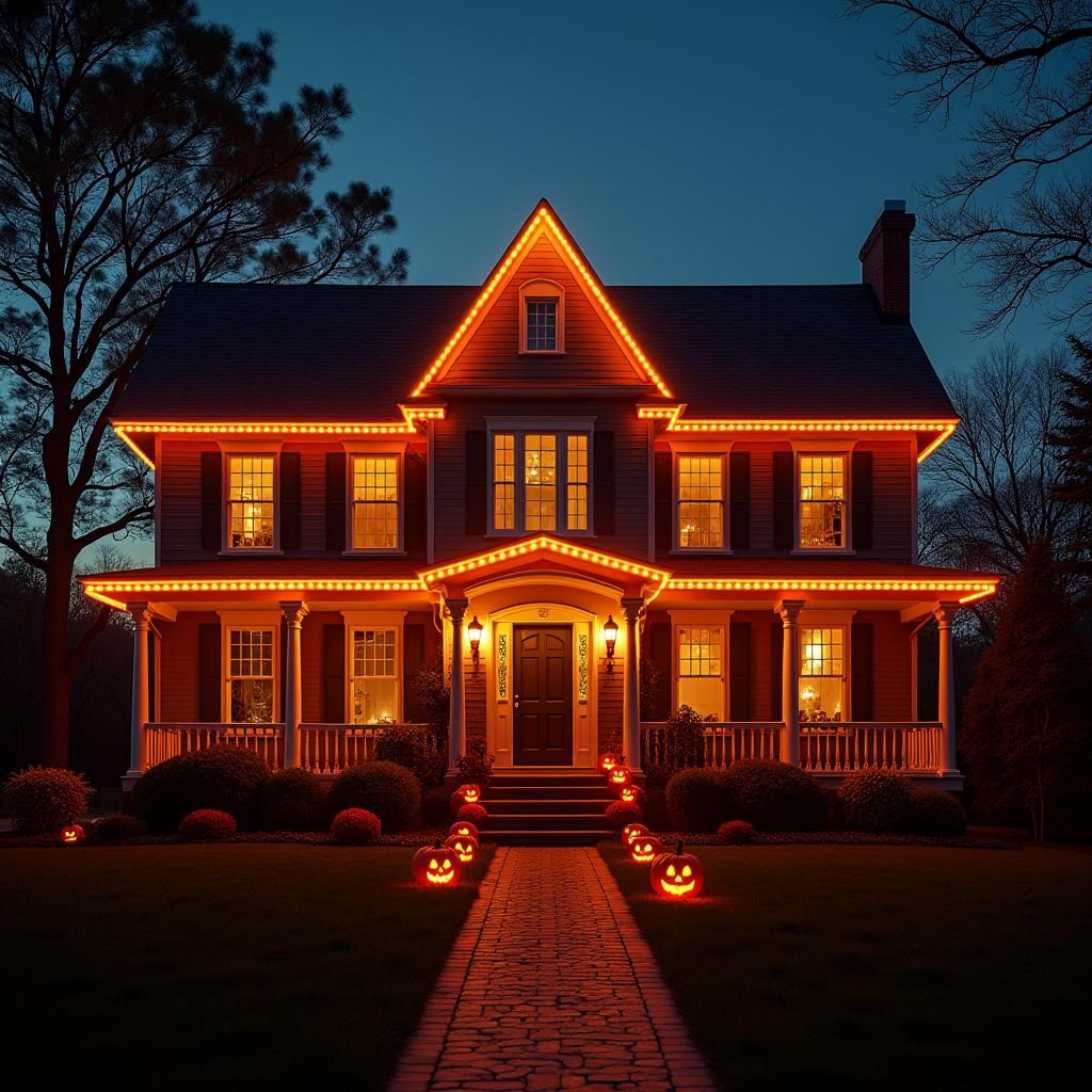 Festive Suburban House Aglow with Halloween Lights