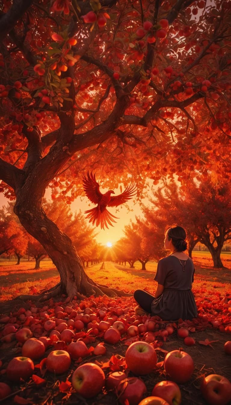 Warm Sunset in a Cozy Apple Orchard