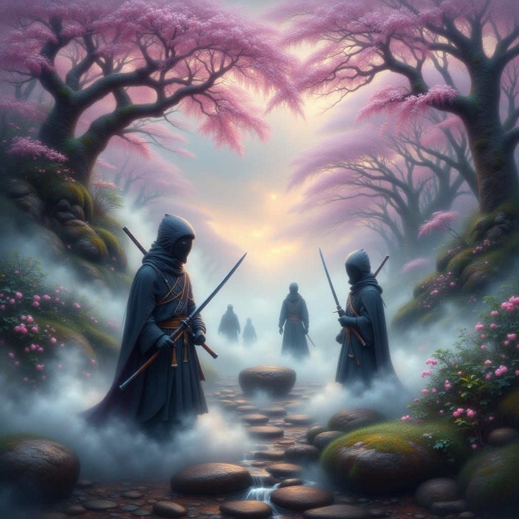 Ninja Battle in Misty Cherry Blossom Valley