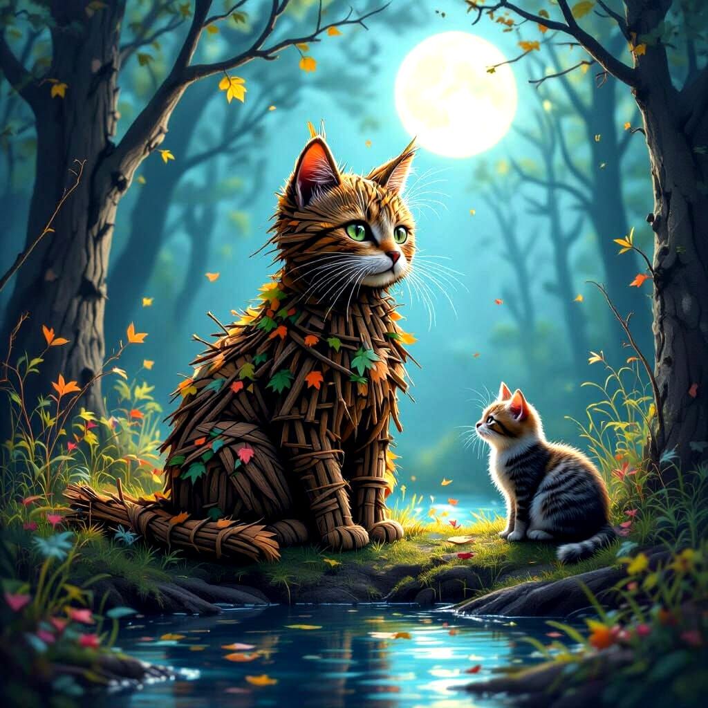 Magical Forest Cat Sculpture in Moonlight