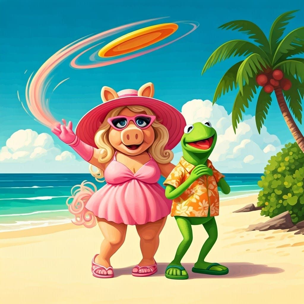 Miss Piggy and Kermit in a Joyful Beach Frisbee Frenzy