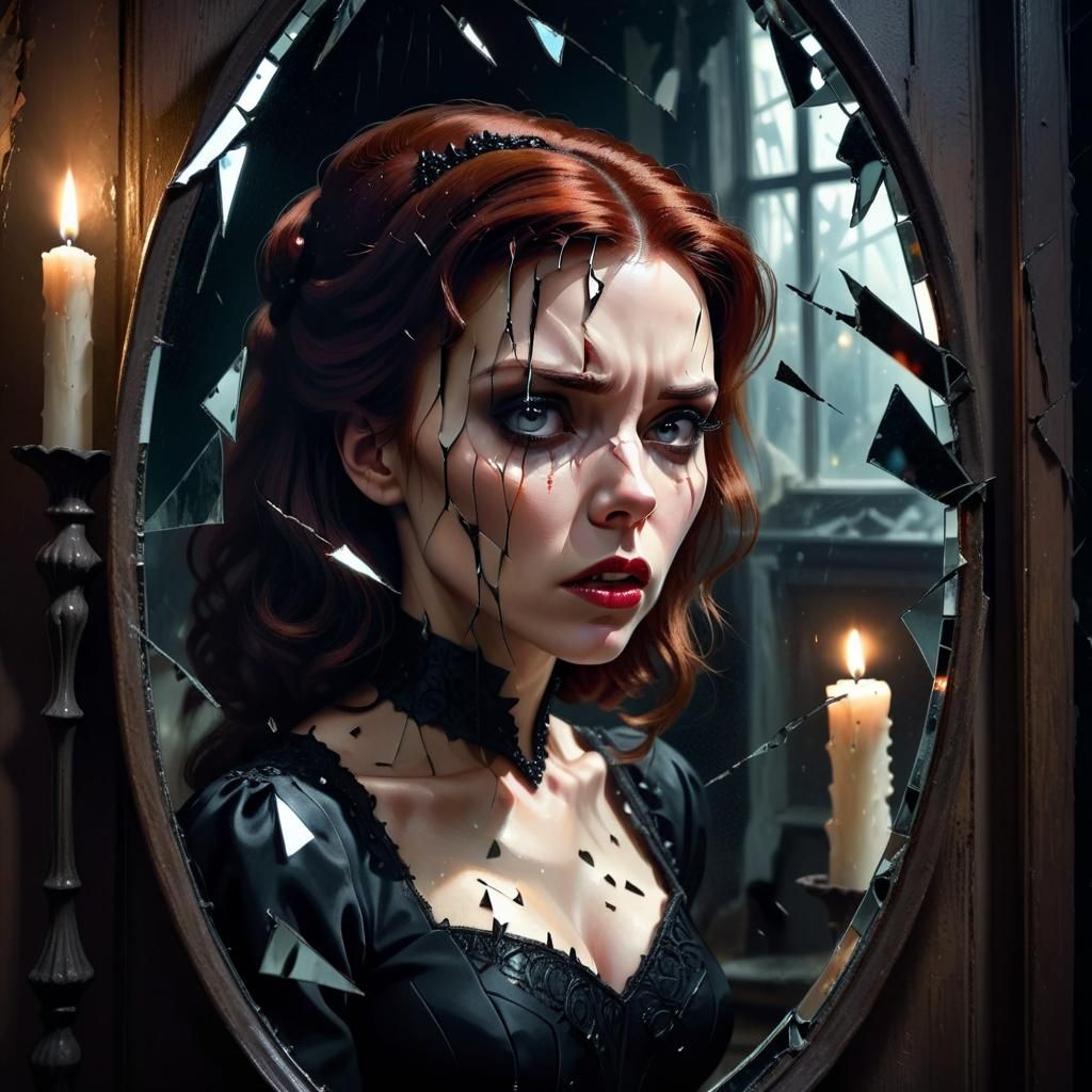 Eerie Black Widow Bride in Broken Mirror, Dark Surrealism