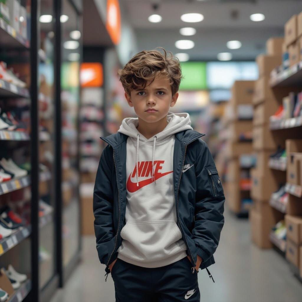 Boy Leaving Nike Store with Stacks of Boxes