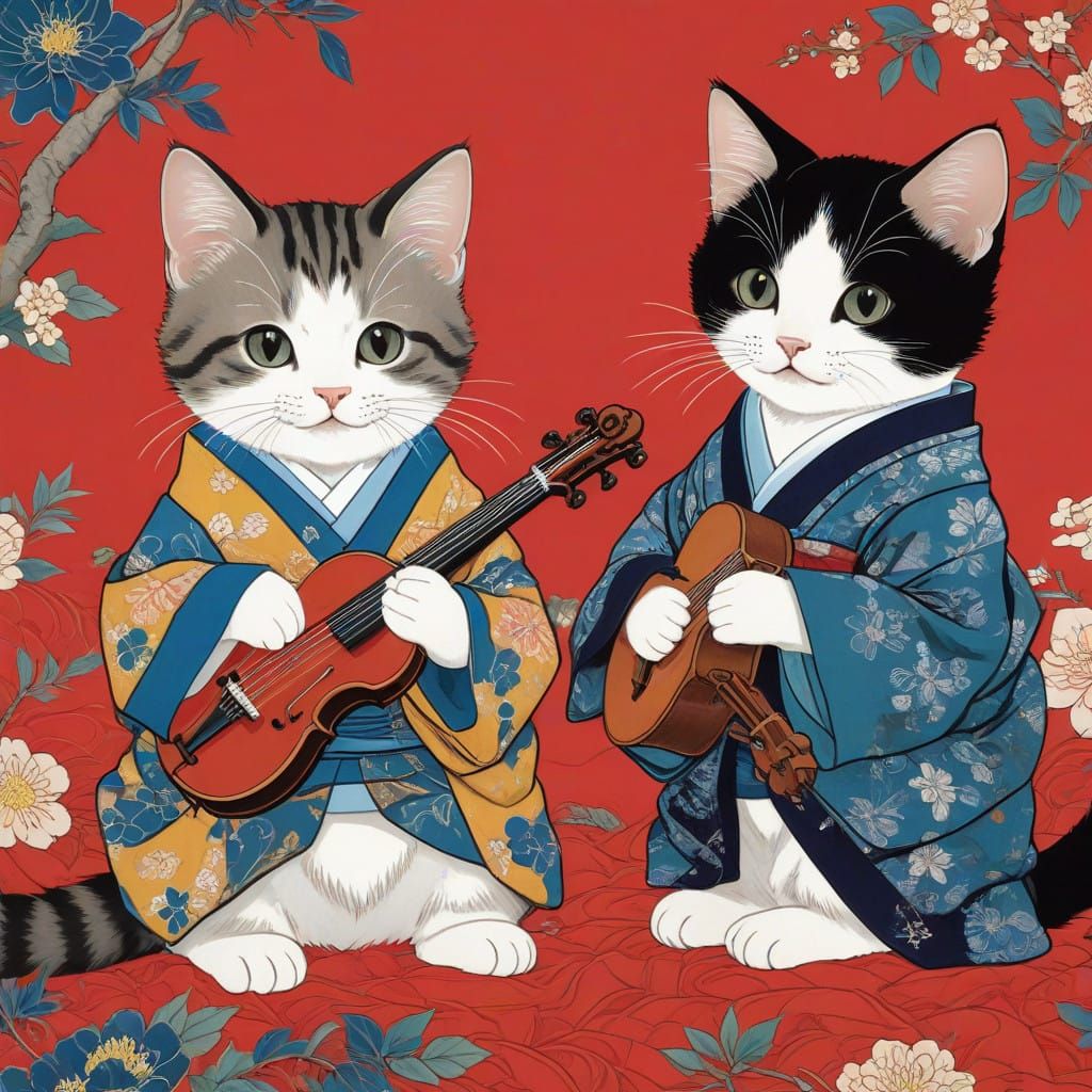 Vibrant Kittens Play Bluegrass in Traditional Japanese Attir...