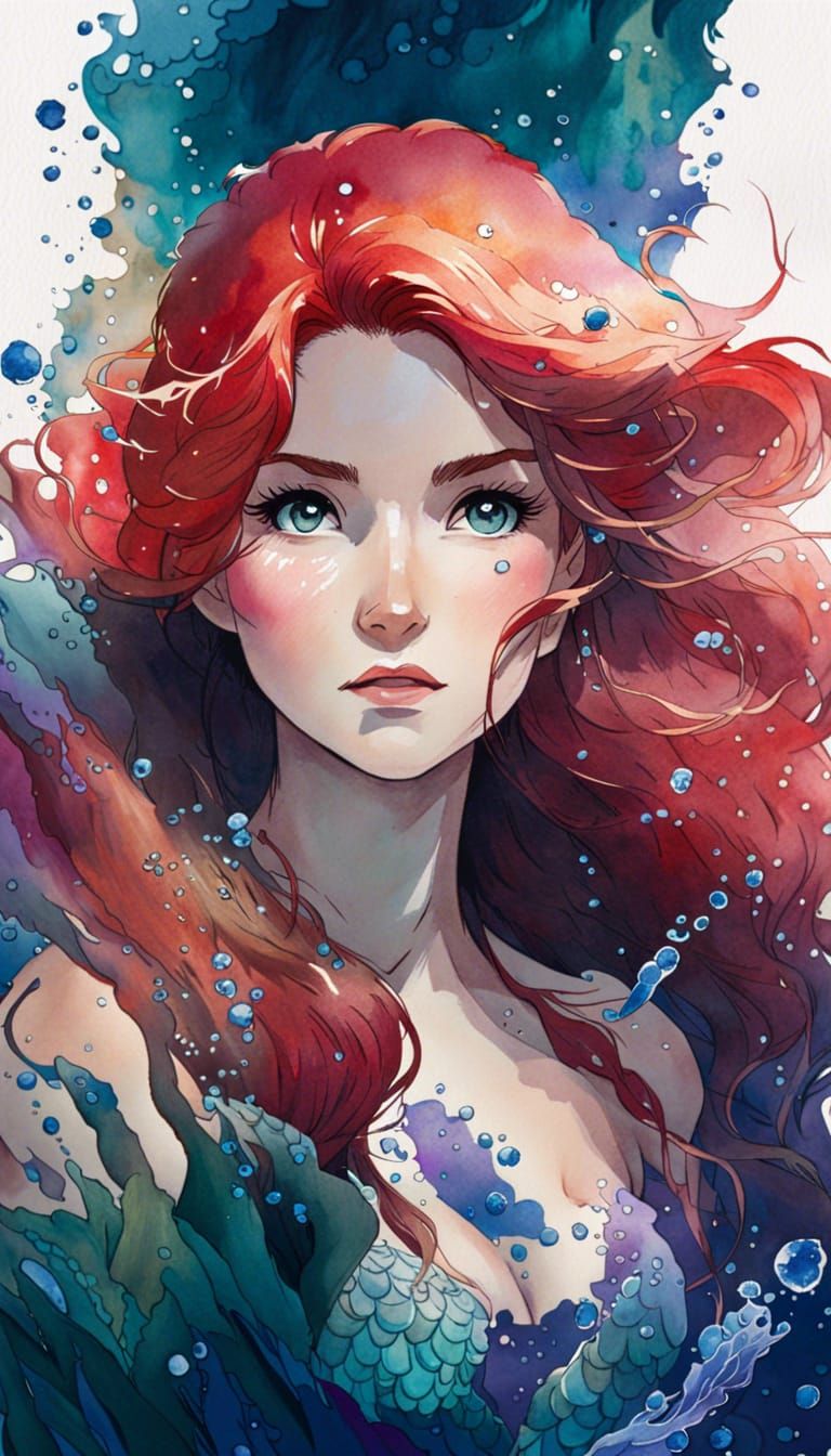 Watercolor Mermaid Portrait in Anime Style
