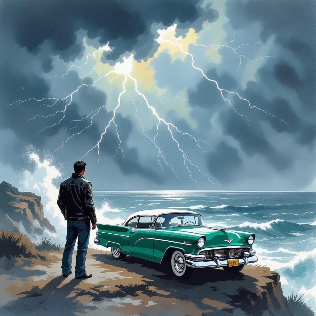 Hotrod Man on Cliff Overlooking Stormy Sea in Sumi-e Style