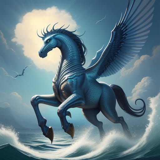 Mythical Winged Horse Battles Azure Kraken in Vibrant Digita...