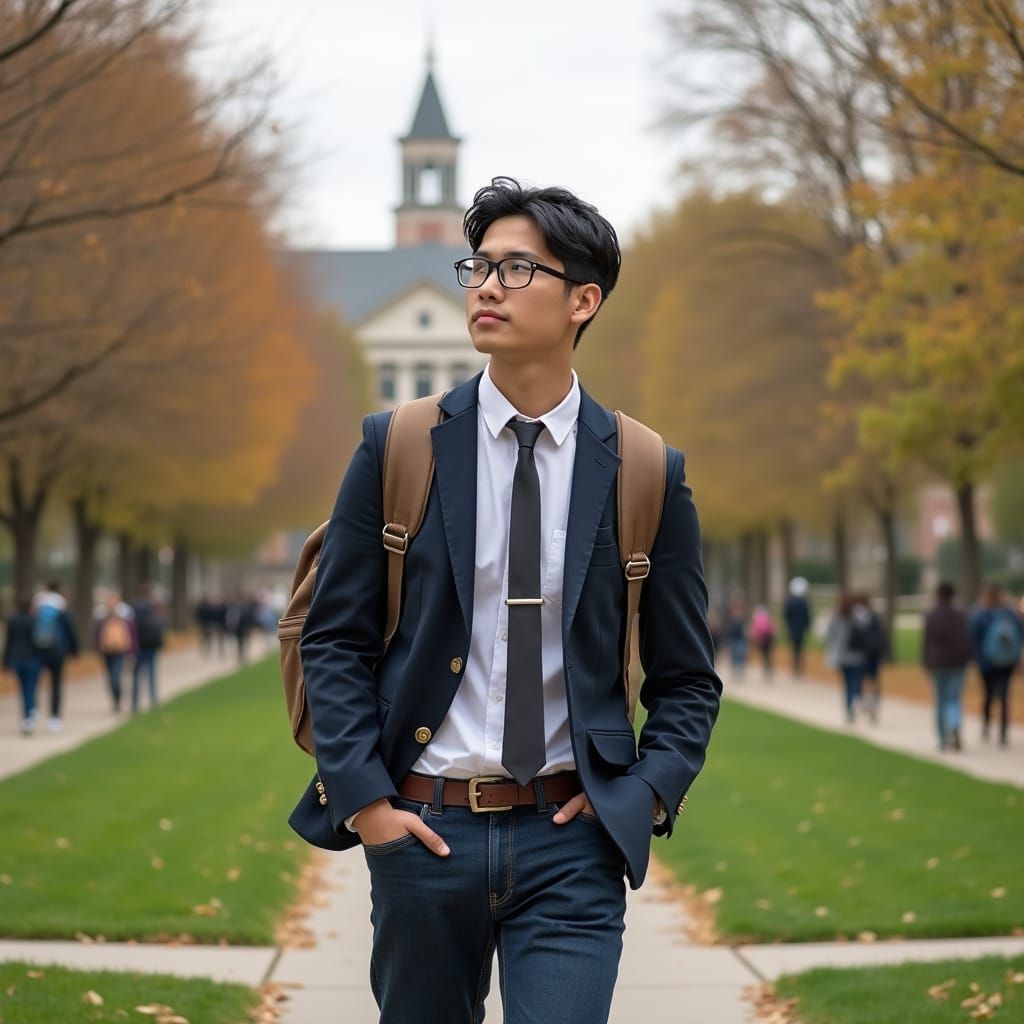 Realistic Portrait of Young Asian Man on University Quad