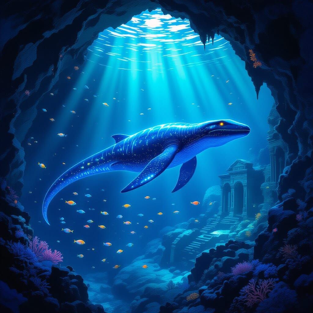 Bioluminescent Plesiosaur in Underwater Cave