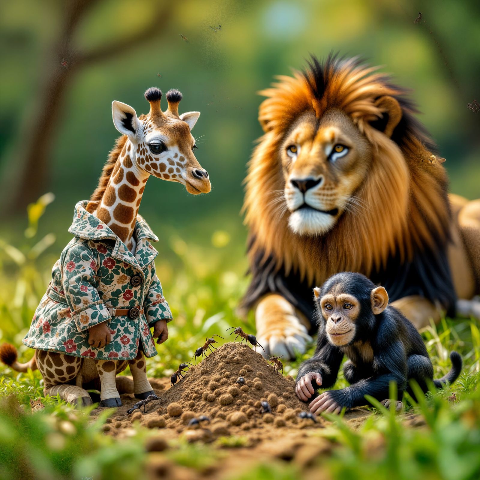 Miniature Giraffe Observes Ants in Hyperrealistic Photo