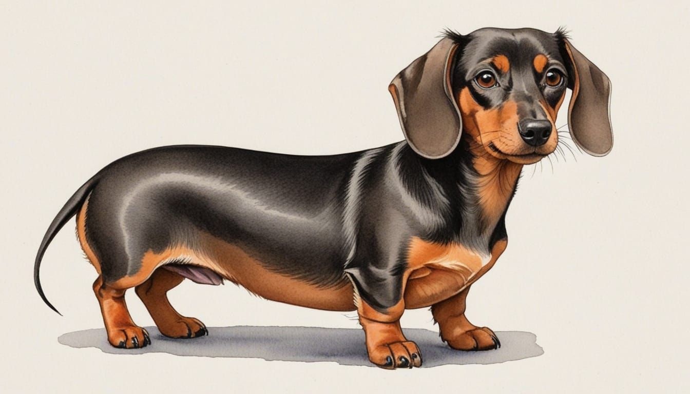 Chinese Watercolor Painting of a Dachshund in Black and Red ...
