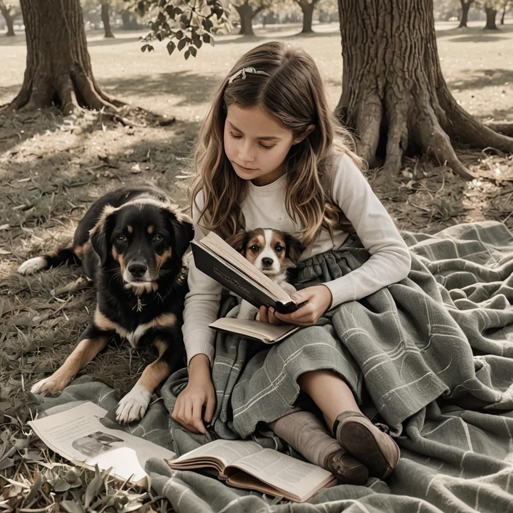 Girl Reads to Dog Under Tree
