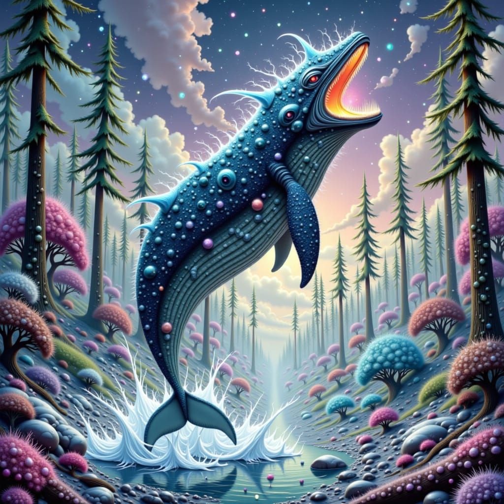 Glowing Whale Leaps From Crystalline Forest