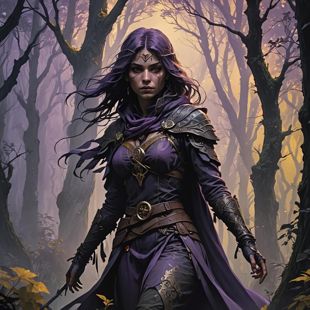 Mystic Rogue in Shadowy Forest, Art Nouveau Style