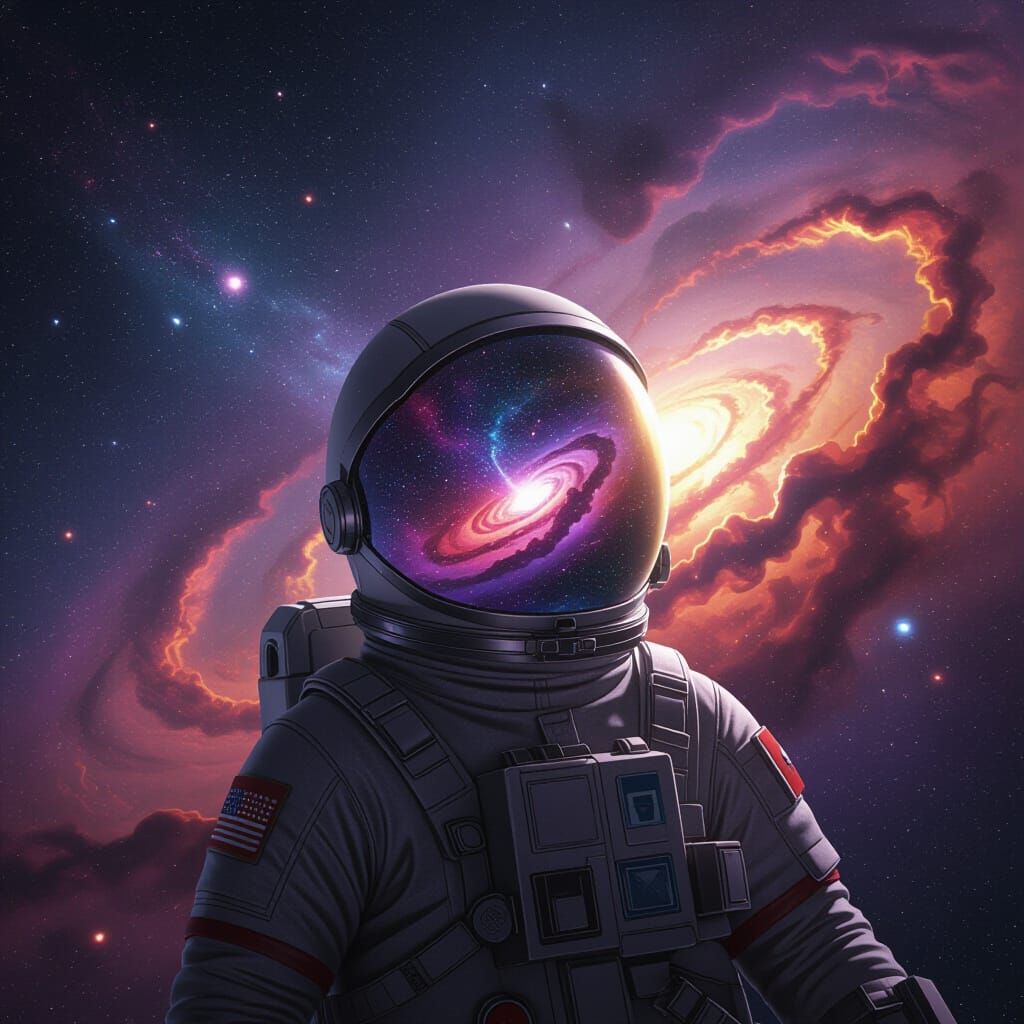 Astronaut Adrift in Cosmic Nebula with Alien Reflection