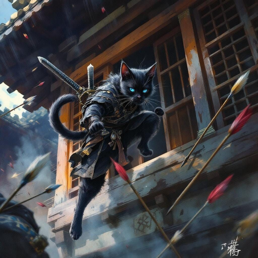 Anthropomorphic Cat Warrior's Anime Escape in Oil Painting