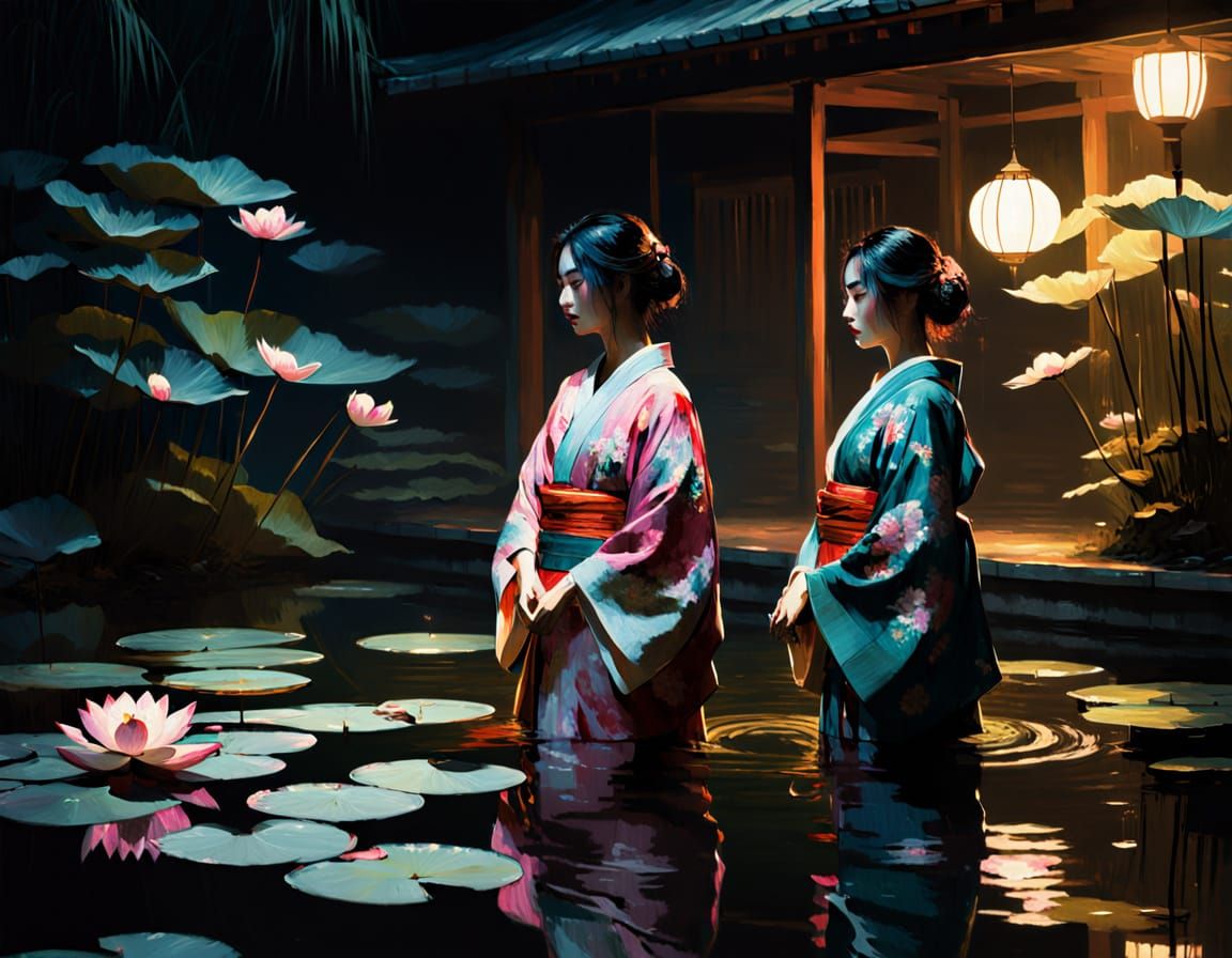 Mysterious Nighttime Scene of Japanese Women in Kimono Paddl...
