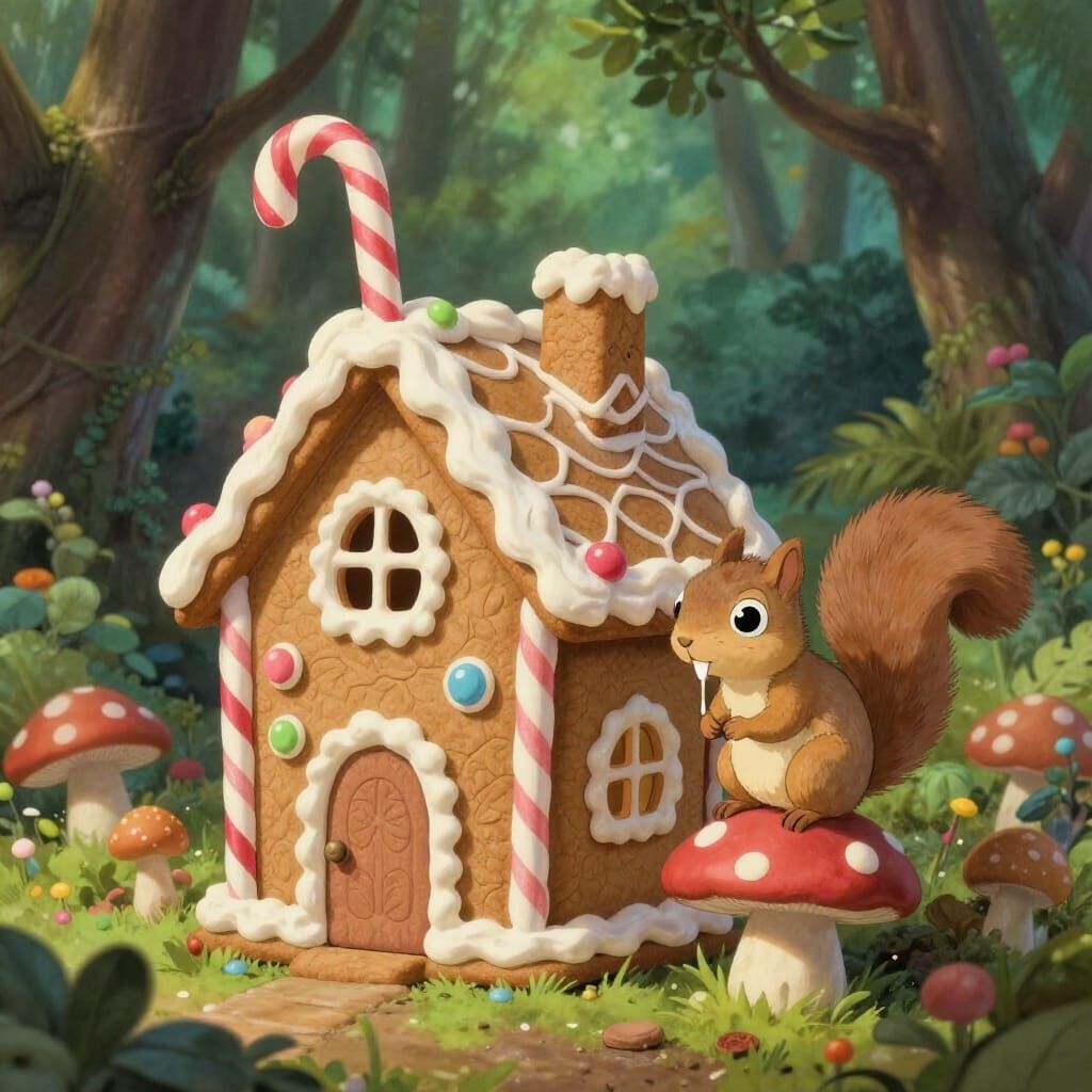 Whimsical Food House and Drooling Squirrel in Edible Forest