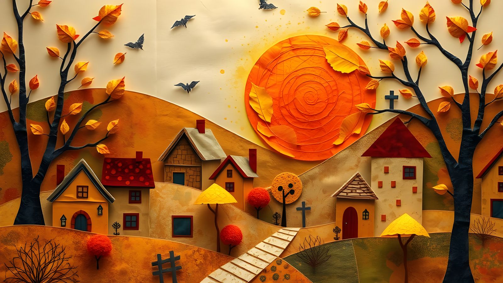 Abstract Autumn Village in Paper Collage
