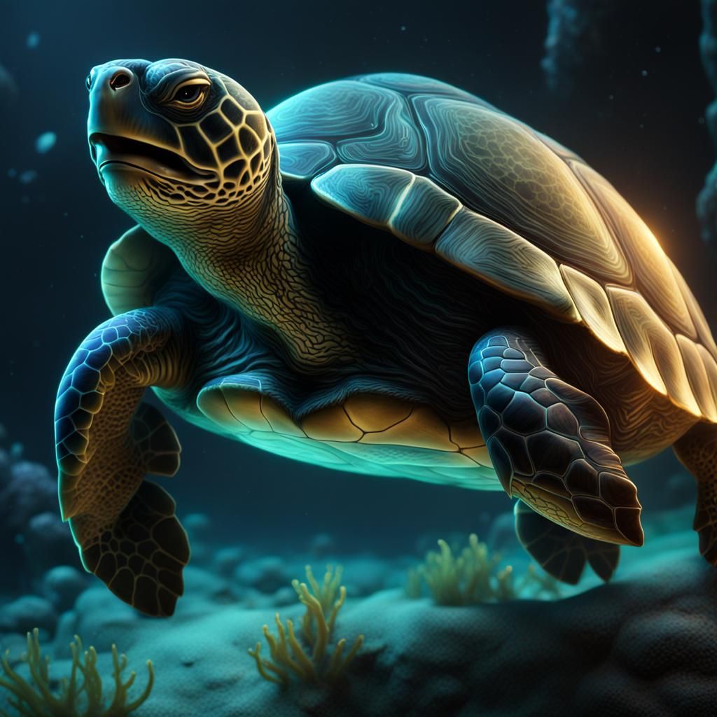 Bioluminescent Turtle in a Fantasy Underwater World
