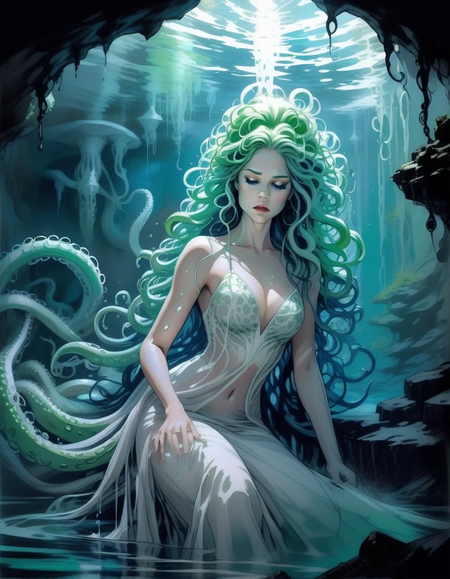 Eldritch Tentacle Goddess in Water Cave Sketch