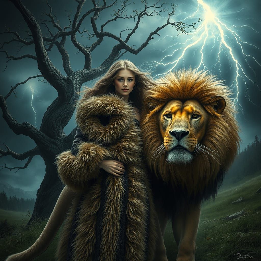 Woman and Lion in Storm, Romantic Art Style