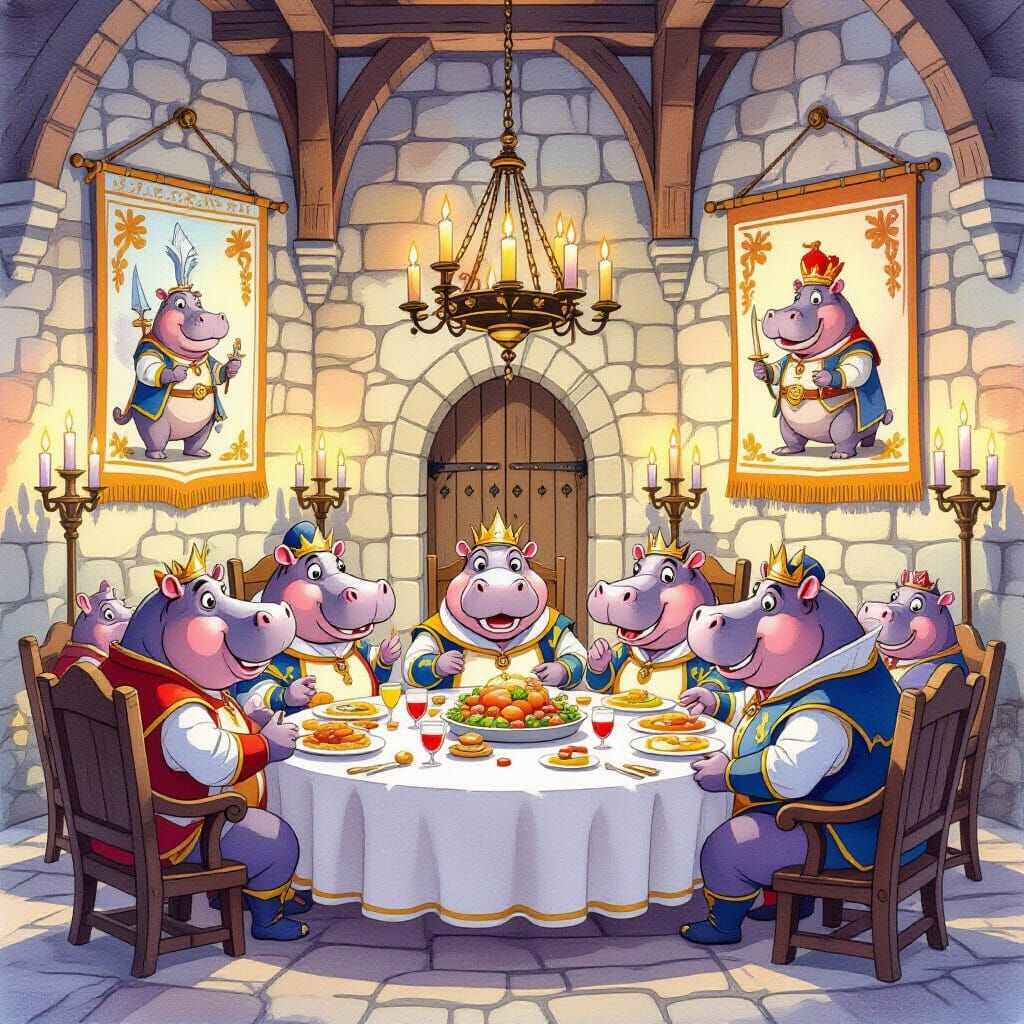 Hippopotamus Kings Feast in Medieval Castle Hall Watercolor