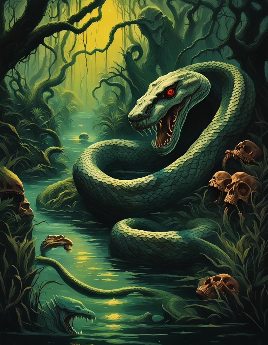 Giant Snake in Mangrove Swamp: Pulp Cover Art