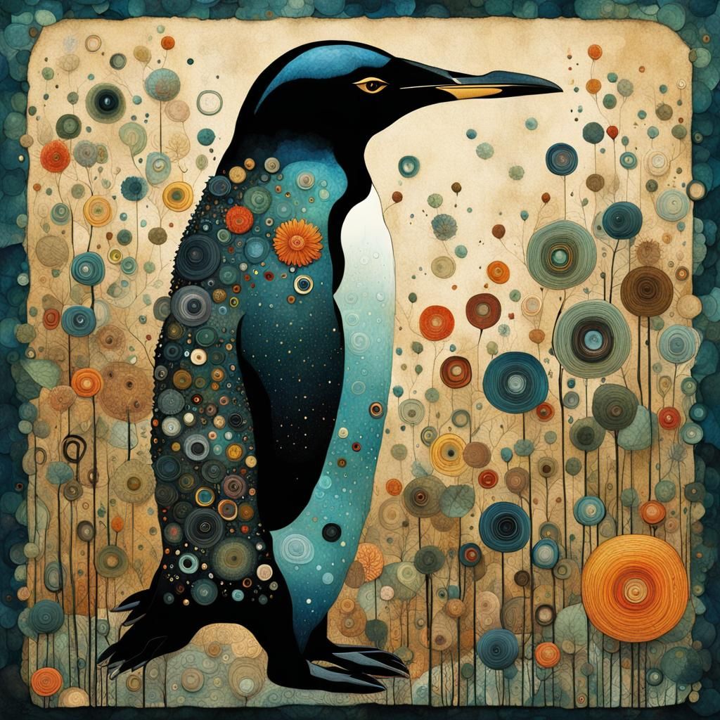 Metal Ring Penguin Collage in Folk Art Style