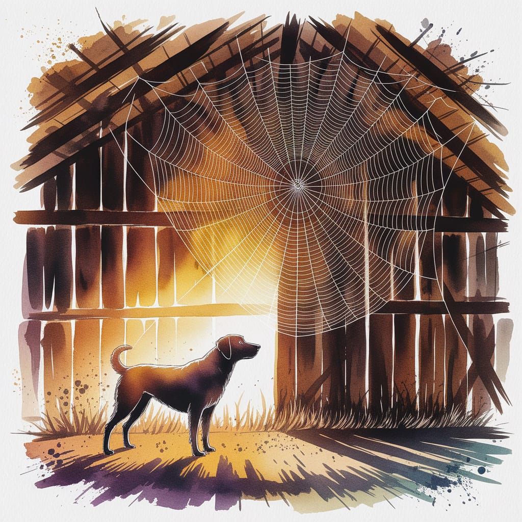 Spiderweb Dog Silhouette in Watercolor