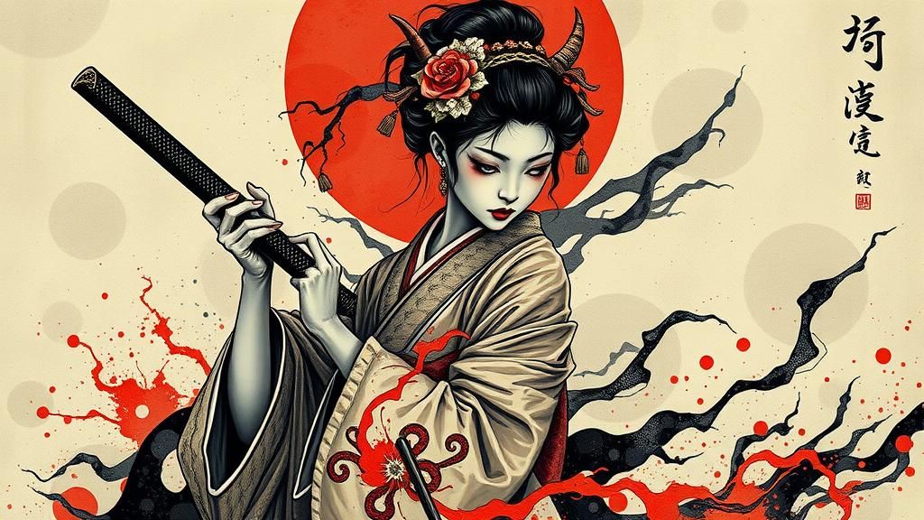 Eerie Geisha with Knife in Surrealist Horror Style