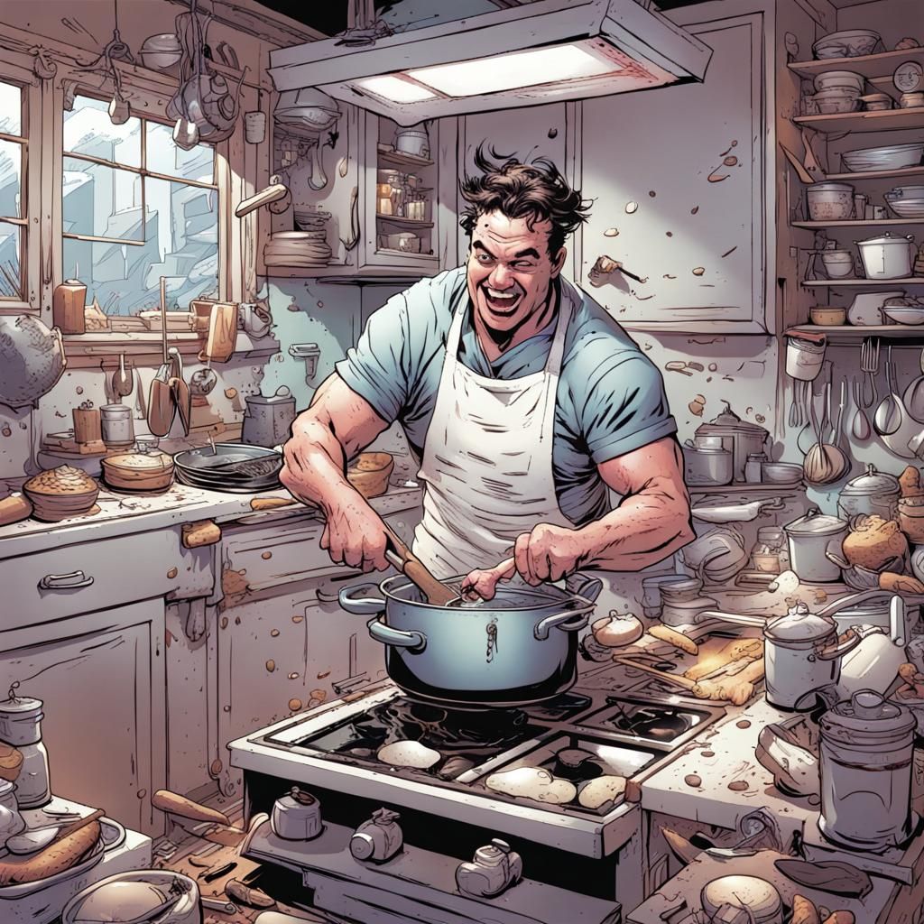 Overwhelmed Cook in Chaotic Kitchen, Comic Book Art