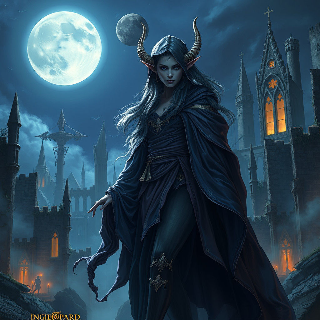 Mystical Witch Elf in Ruined Cityscape