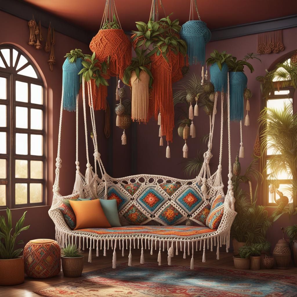 70s Vibe Living Room with Macrame and Crochet