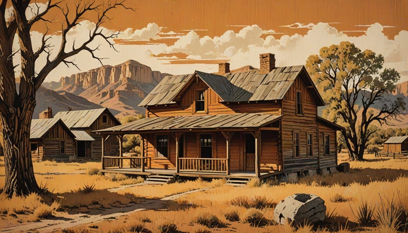 Vintage Utah Homestead Serigraph Print on Aged Paper