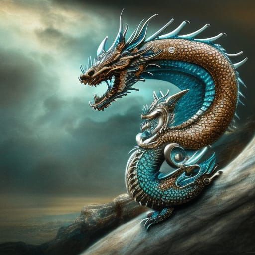 Teal Dragon Embraces Silver Ring: Fantasy Art
