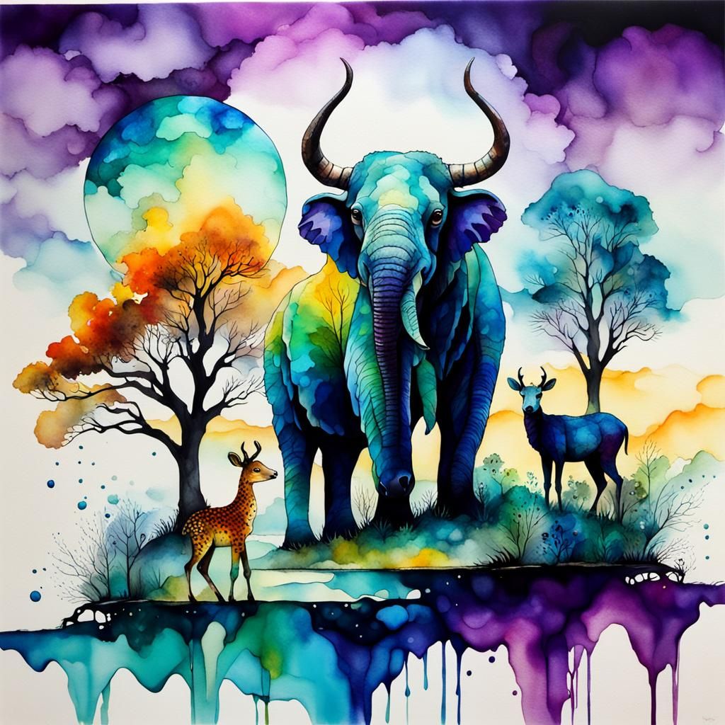 Animals Chatting in Alcohol Ink Landscape