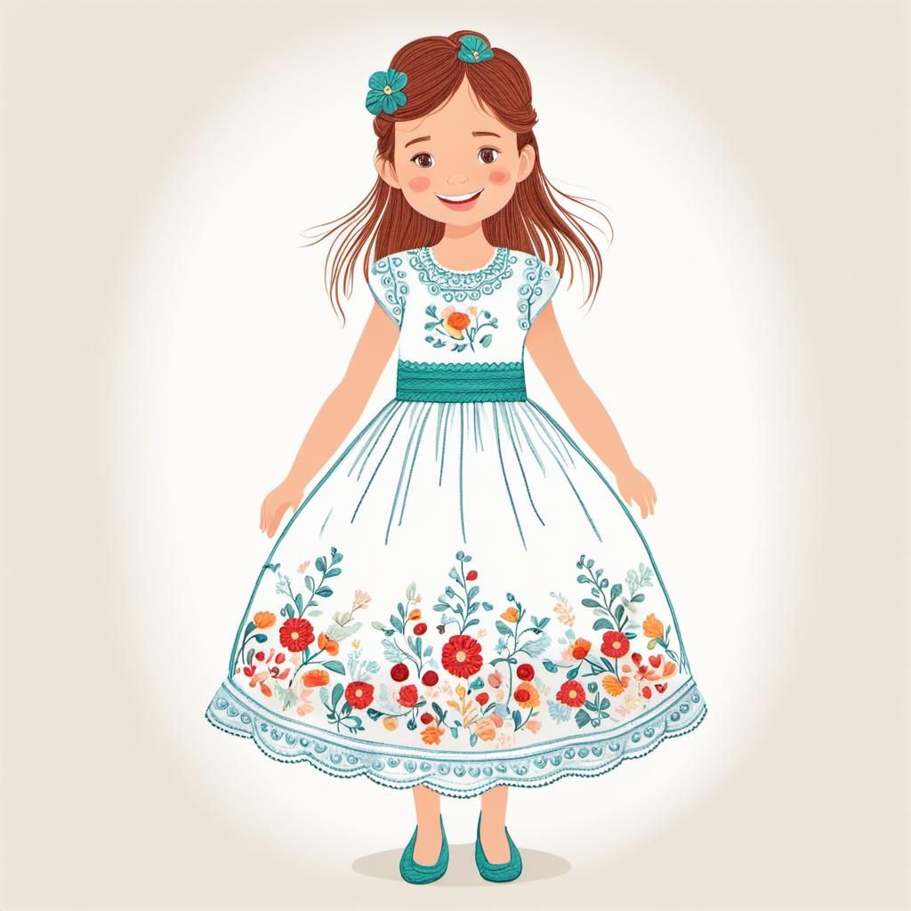 Joyful Embroidered Dress Illustration of Little Girl