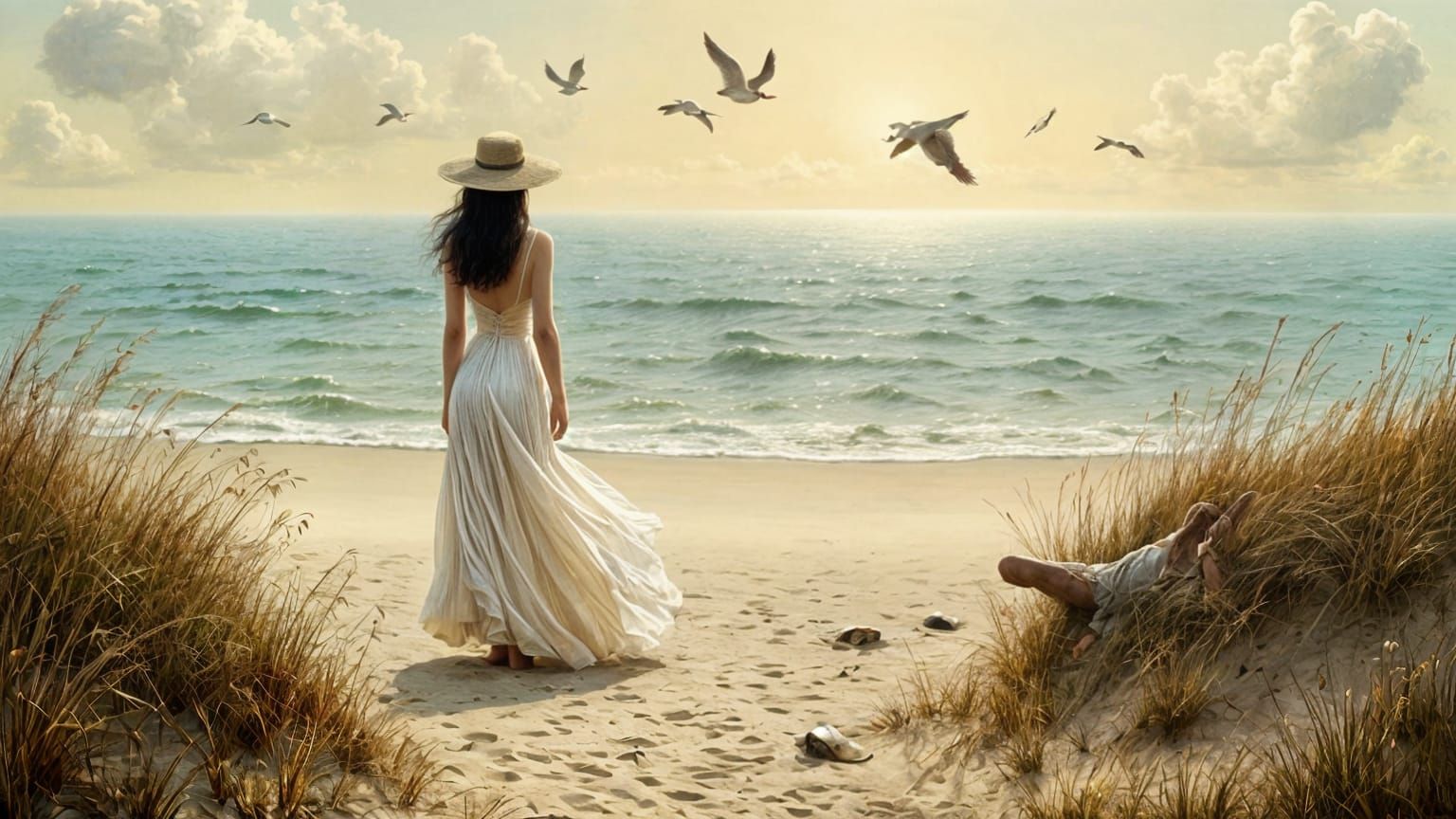 Beach Scene after Swim, in Historical Painting Style