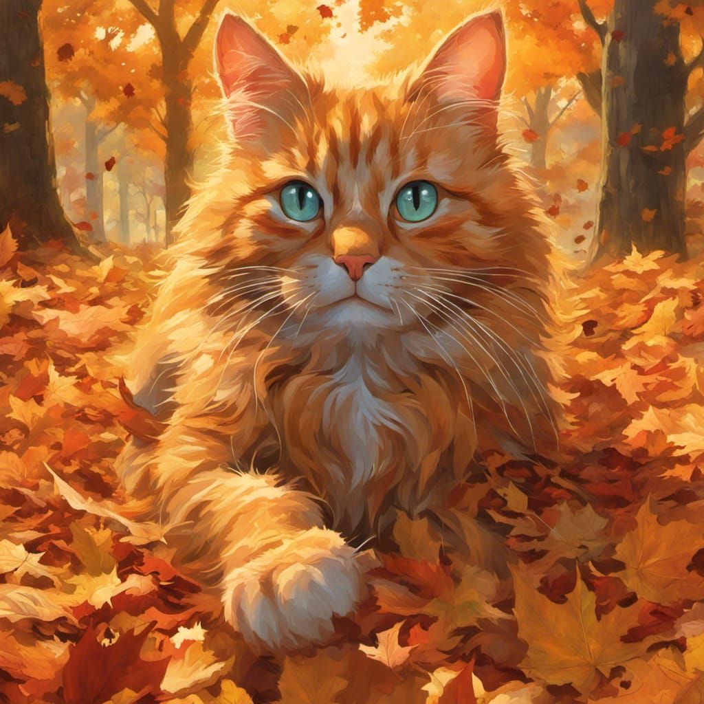Orange Tabby Cat Jumps in Autumn Leaves