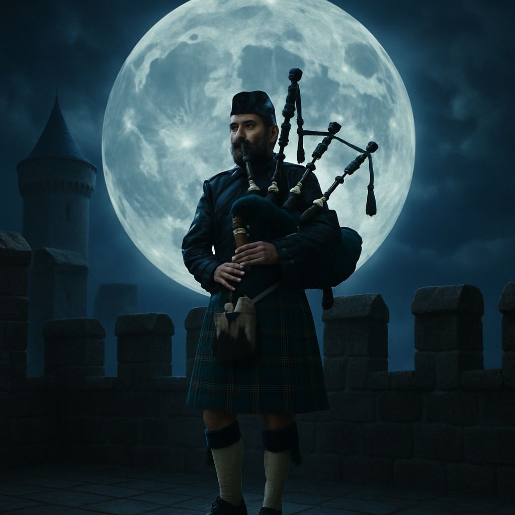 Bagpiper Silhouetted on Castle Battlements Under Moon