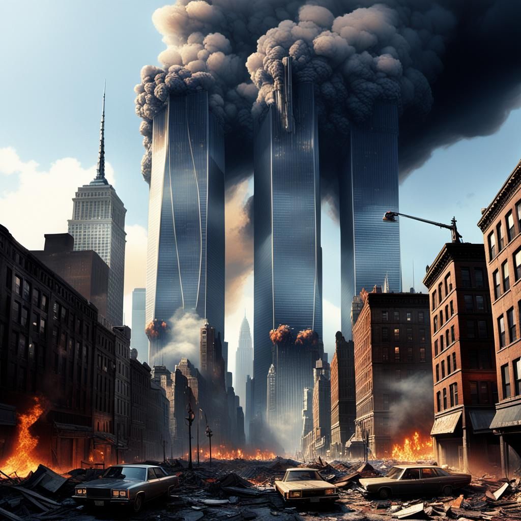 Twin Towers Amidst Chaos: Cinematic Digital Painting