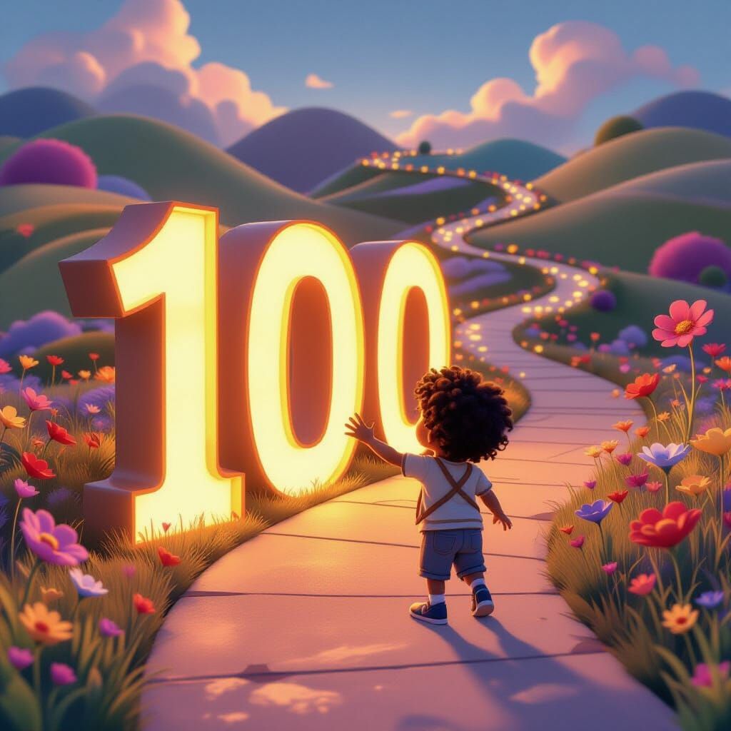 Child Reaches for Glowing 100 on Whimsical Path
