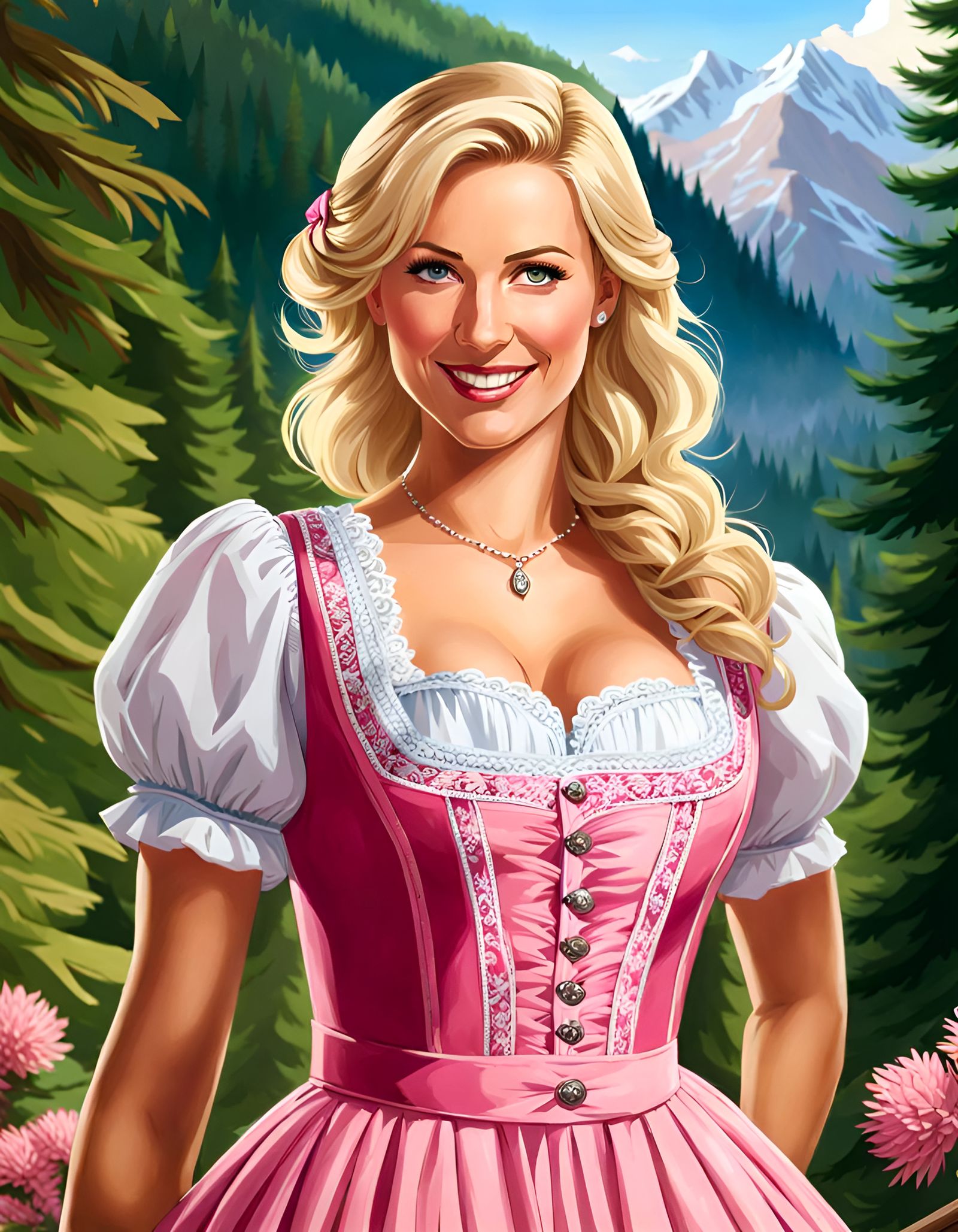 Woman in Dirndl Dress in Mountain Forest