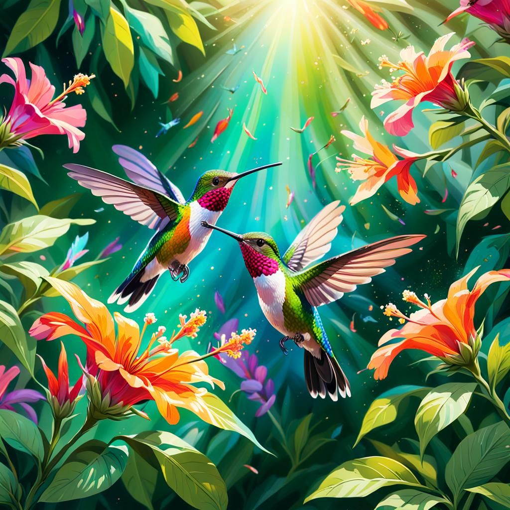 Hummingbirds in Lush Garden: Impressionist Nature Art